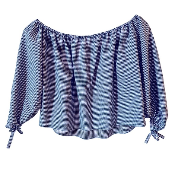 Zara | Women's Blue Gingham Off-Shoulder Crop Top Size Small - Picture 2 of 6